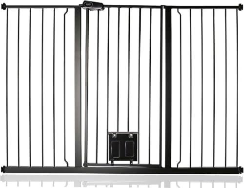 Bettacare Haustiergitter mit Verriegelbarer Katzenklappe, 139.8cm - 147.4cm, Schwarz, 104cm in der Höhe, Extra Hohes Haustier Sicherheitsgitter mit Katzenklappe, Einfache Installation