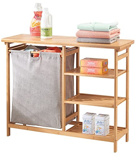 mDesign Bamboo Freestanding Laundry Hamper Basket Table - Storage Shelves for Folding Clothes and Organizing Detergent, Fabric Softener, Bleach, Dryer Sheets - Echo Collection - Natural