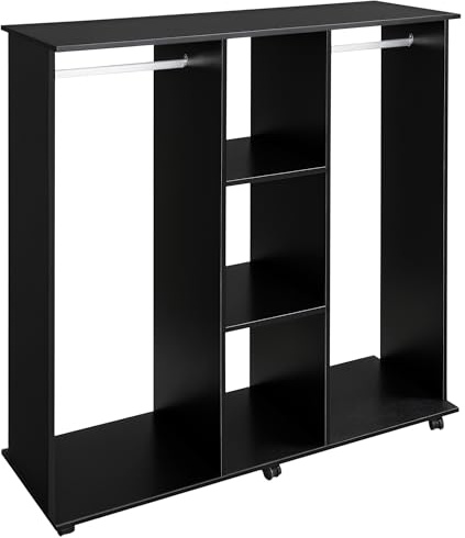 HOMCOM Kleiderschrank mit 2 Schränken, 5 Einlegeböden und 6 Rädern, Holz und Aluminium, 120x40x128 cm, Schwarz