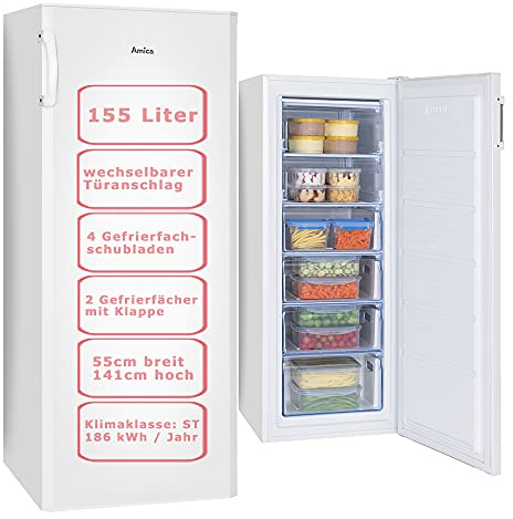 Amica Gefrierschrank Weiß Tiefkühltruhe 155 Liter | 4 Schubladen und 2 Fächer | 141 cm hoch 55 cm breit | GS 324 100 W