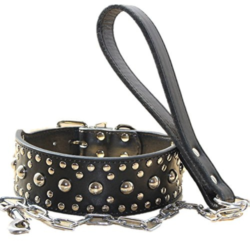 haoyueer Hundehalsband, Leder, Nieten, Kombi-Set, Haustierzubehör für mittelgroße und große Pitbull, Husky, Mastiff-Terrier, 5,1 cm breit, Größe L, Schwarz