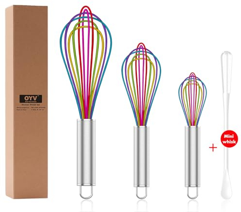 OYV Rainbow Silicone Whisk Set of 3, 8/10/12 Inch, Non-Scratch, Colorful | BPA-Free Silicone, Heat Resistant Up to 480°F, Stainless Steel Core, Dishwasher Safe, Nonstick-Safe