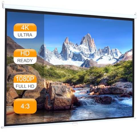DKIEI Pull Down Projector Screen 92in, Projection Screen for 4K 3D 1080P HD, Wall & Ceiling Mount Manual Projector Screen with 4:3 Ratio Matte White Screen for Indoor Outdoor Public Display, 181x136cm