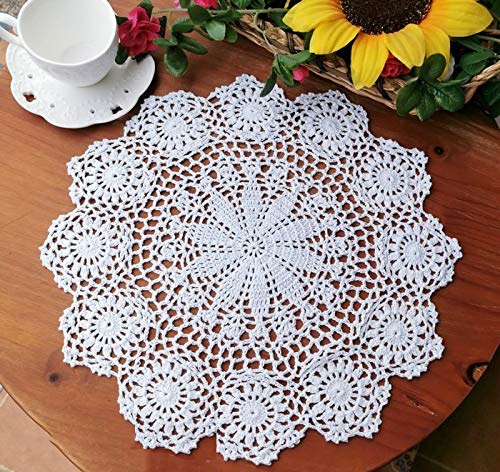 Polkar 2PCS Cotton Handmade Crochet Lace Tablecloth Table Doilies Table Placemats (White-2pc-15.7inch-A)