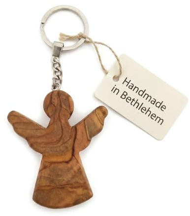 MC-Trend Schutzengel Schlüsselanhänger Engel aus Olivenholz, handgefertigt in Bethlehem, Unikat mit natürlicher Maserung, Glücksbringer & Handschmeichler, naturbraun, ca. 6 x 5,5 x 2 cm