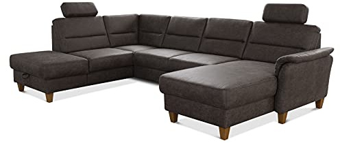 CAVADORE U-Form-Sofa Palera / Federkern-Wohnlandschaft mit Schlaffunktion, Stauraum und 2 Kopfstützen / 314 x 89 x 212 / Mikrofaser in Lederoptik, Braun
