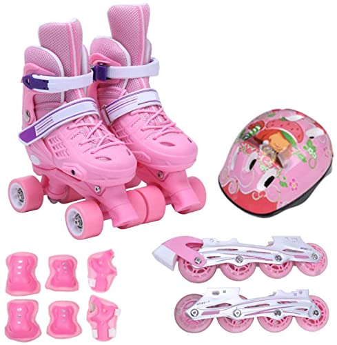 ZCRFY Rollschuhe Kinder Zweireihig Verstellbares Inline-Skates Quad Roller Anfänger 6-12 Jahre Rollerblading Safety Pads Safety Skate Helm Set Geburtstagsgeschenk (Pink-S(26-30))