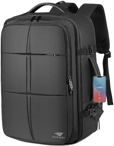 TOTWO Mochila de viaje extragrande de 55 litros, aprobada para vuelos, con puerto de carga USB, expandible, impermeable, bolsa casual para portátiles de 18.4 pulgadas, regalos de viaje para hombres y