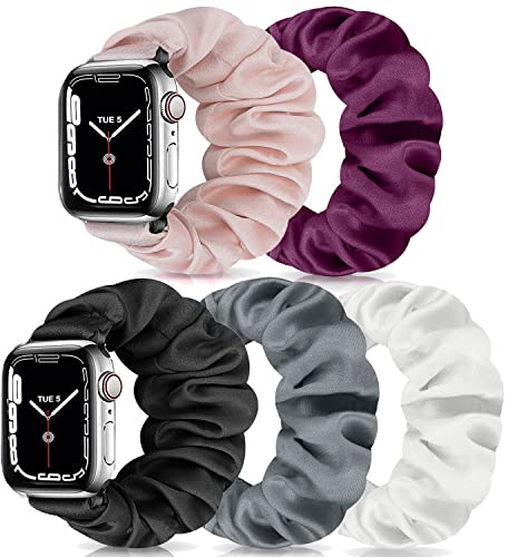 Scrunchie klockarmband för kvinnor kompatibla med Apple Watch 38 mm 40 mm 41 mm 42 mm 44 mm 45 mm, elastiskt knasigt ersättningsband mjukt stretchigt band för iWatch serie 7/6/5/4/3/2/1/SE, 42mm/44mm/45mm Large-Size, Ingen ädelsten