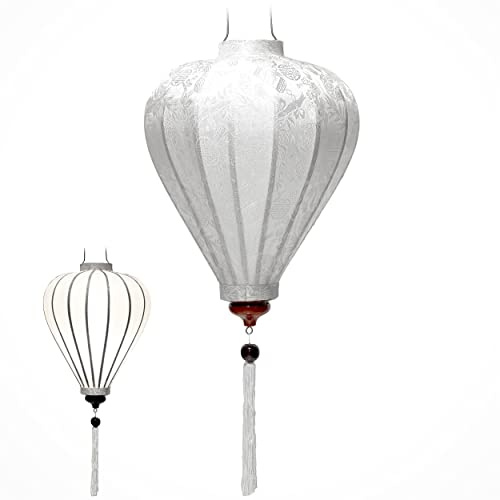 Laterne Lampion Asiatische aus Seide Weiß, M Ø33cm - Traditionelle Hoi An Hängelampe aus Stoff, Bambus und Holz - Dekoration und Handwerk aus Vietnam (M25-B)
