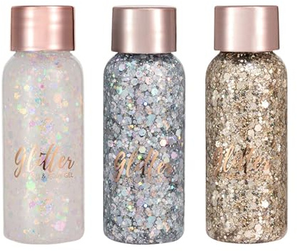 Getervb 3 Pcs Glitzer Gesicht Liquid Chunky Body Glitter Gel Gesicht Körper Glitzer für Face Glitter Sequins Meerjungfrau Pailletten Glitzer für Haar Lip Festival Makeup (White + Silver + Champagne)