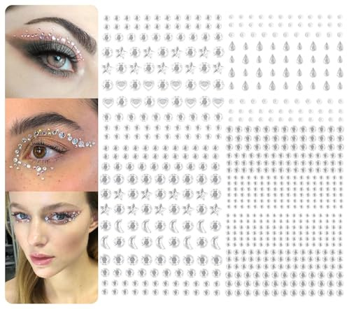 DealKits 750 Selbstklebend Kristall Aufkleber, Temporäre Edelstein-Tattoos für Augen und Gesicht, 3D Eyeliner Aufkleber Strass Glitter Make-Up Nail-Art Dekorationen Accessoires-mehrere Muster