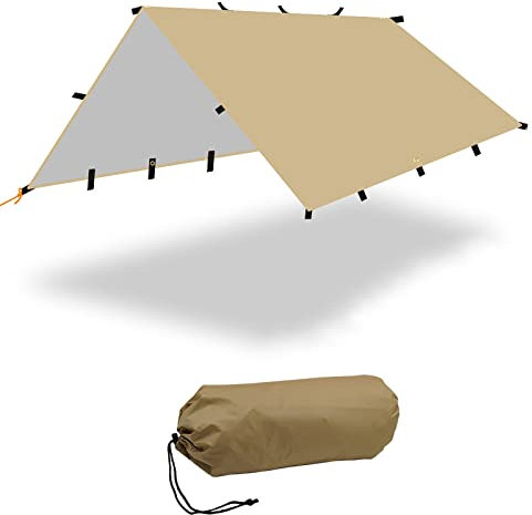 SLDAGe Zeltplane Wasserdicht, Camping Tarp Beige, Ultraleichte Multifunktionale UV-Schutzplane UPF50+, Tragbare Überlebenshelter mit Silberbeschichtung für Hängematte, Outdoor Aktivitäten,3x4m