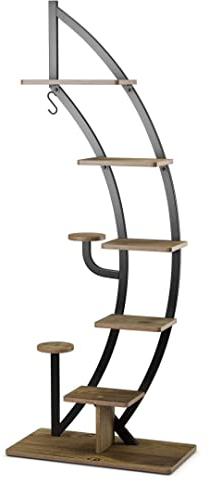 GiantexUK 8-Tier Plant Stand, Metal Garden Flower Pot Holder Display Rack with Top Hook and Anti-Toppling Device, Tall Ladder Display Shelf for Indoor Outdoor (Natural + Black)