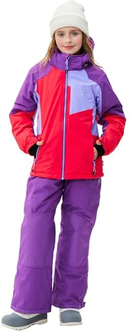 SMONTY Conjunto de Esquí niñas chaqueta y pantalones de esquí de invierno correas con capucha A prueba de viento Impermeable Cálido(Rojo morado, 14-16)