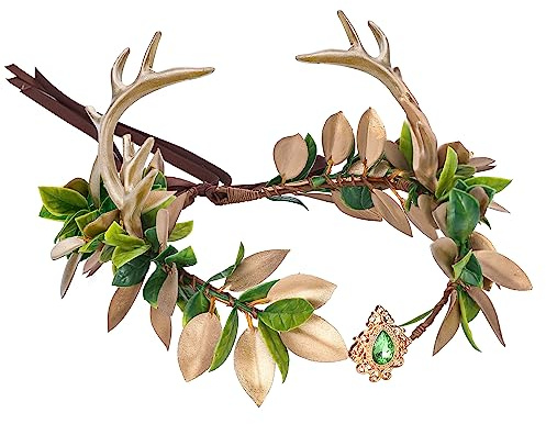 MOSTORY Corona da fata fatta a mano con corna di cervo e foglie verdi dorate, cerchietto elfico del bosco, per donne e ragazze, cosplay, accessori per capelli, matrimonio, maternità, servizi per feste
