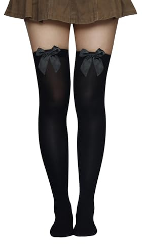 Bestjybt Women's Satin Bow Stockings Thigh High Over Knee Stockings (Black)
