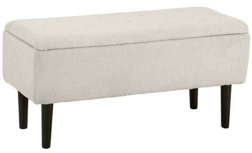 HOMCOM Banc de Rangement Coffre de Rangement Tabouret Repose-Pieds Surface en Tissu Effet Laine boucleé Pieds en Bois d'hévéa pour Salon Chambre entrée 95 x 38 x 45 cm Beige