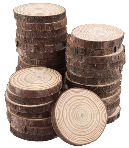 50 Stück Holzscheiben, 7-8cm Baumscheiben mit Rinde | 1cm Dicke Natürliche Kiefernholzscheiben zum Basteln, Rund Holz Log Scheiben für DIY Projekte und Hochzeit, Weihnachten Dekor