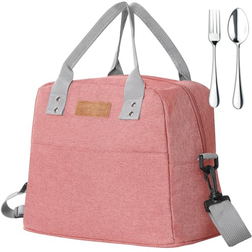 GeeRic 7.5L Borsa Termica+Forchetta+Cucchiaio con Tracolla Regolabile Impermeabile Prova Perdita Riutilizzabile Borsa Frigo Porta Pranzo Cibo Organizzatore per Picnic Scuola Ufficio Bambini Rosa