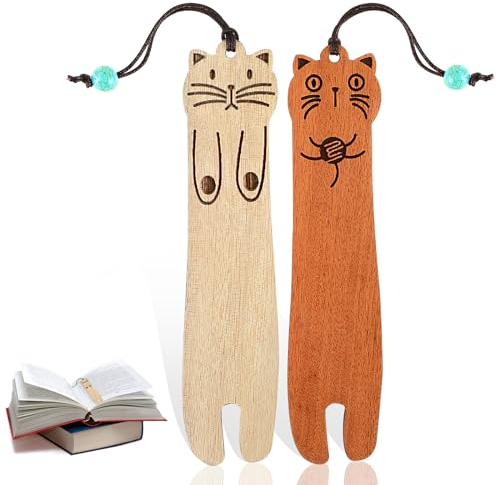 Ouligay 2 Stück Holz Katze Lesezeichen Cat Bookmarks Süße Lesezeichen Katze Handwerks Lesezeichen Holz Geschenk für Frauen Lehrer Studenten Buchliebhaber Lesen Katzenliebhaber