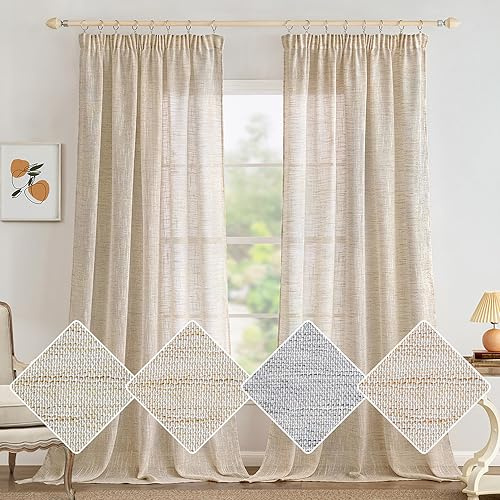MIULEE Linnegardiner med rynkband, Vit, Linnelook, Modern Voile, Skensystem, Sovrum, Set om 2, 140x300 cm, Naturfärgad | Genomskinlig nätgardin, genomskinlig fönstergardin, perfekt för vardagsrum, sovrum, matsal och kök