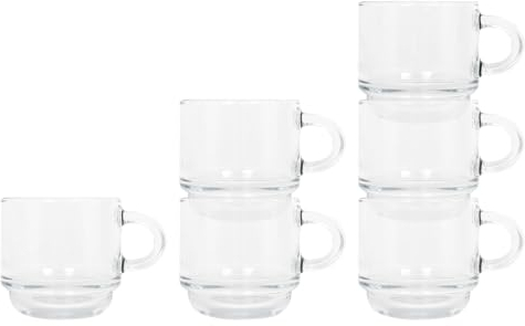 LAV 6x Clear 90ml Cozy Stacking Glass Espresso Cups - Coffee Latte Tea Hot Chocolate Macchiato Drinking Mugs Glasses Set with Handle