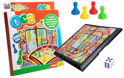 BRICOMIRAS Oca Plegable para 4 Jugadores | Juego de Mesa Ideal para Viaje (20x20cm) | Tablero para Niños (+5 Años) y Adultos con Espacio para Guardar Las Fichas