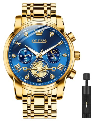 Olevs Gold Watches For Men Mens Gold Watch Big Face Watch For Men Luxury Watches For Man Blue Business Stainless Steel Dress Analog Quartz Chronograph Moon Phase Luminous Waterproof Easy To Read Reloj De Hombre