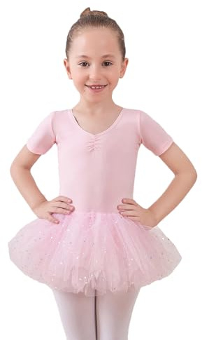 BOMKDRL Tutu-klänning för flickor med glänsande tyll korsad rygg kortärmad dans trikåer, Rosa, 130 cm