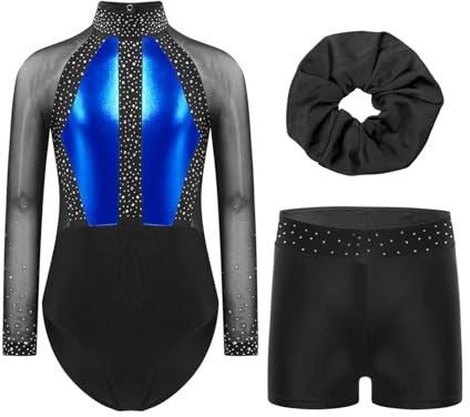 Miutii Mädchen Turnanzug Langarm Glitzer Gymnastikanzug mit kurze Hose und Haargummi Patchwork Ballettanzug Gymnastik Leotard Tanzkostüm Blau 146-152