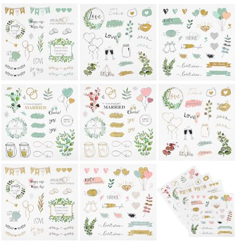 8 Sheets Gold-Green Wedding Scrapbooking Stickers - Self-Adhesive Waterproof Bridal Embellishments for Planning and Romantic Scrapbook