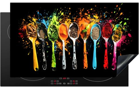 KitchenYeah© Protege Plaque Induction Decoration Cuisine Tapis de | 90x52 cm - Protection Pour Plan De Travail Cuisson Protégé Cuillères - Épices - Modern - Graffiti - Coloré