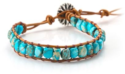 Huxolynifty Braccialetti Con Fili Di Perline Turchesi Naturale,3 to 6 Inch Bracciale pietre naturali Regolabile,Stile Boho Chic,Gioiello Artigianale Bracciale Avvolgente in Pelle