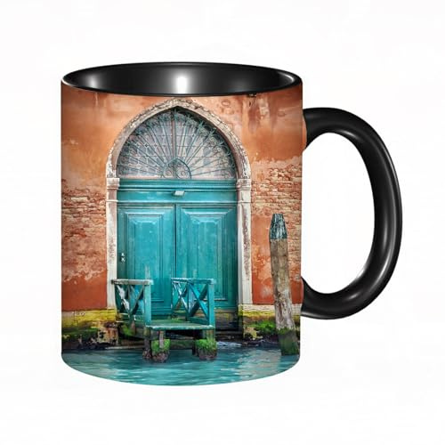 HRRASFAZF Tasse à Café | Tasse Céramique Fine | Cadeau Original | 330ml | Mug avec Anse | Cadeau Original pour Homme et Femme | Venise, ancien bâtiment avec porte d'entrée antique, ville sur l'eau, h