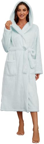 HEARTNICE Womens Hooded Fleece Robe, Thick Warm Plush Bathrobe for Women, Long Fluffy Comfy House Coat Long Fur Fleece(LIGHT BLUE, 2XL/3XL)