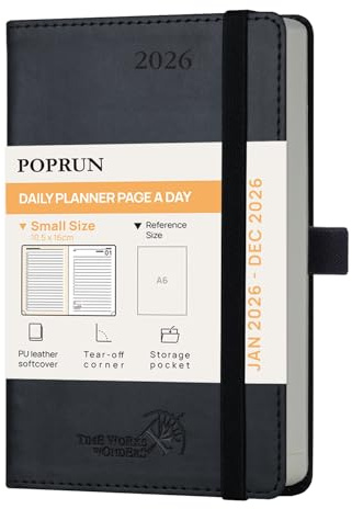 POPRUN Kalender 2026 Tagesplaner Softcover 16 x 10,5 cm, Tageskalender A6 1 Tag 1 Seite (Montag - Sonntag), Terminplaner (Jan.2026-Dez.2026) mit PU-Leder - Schwarz