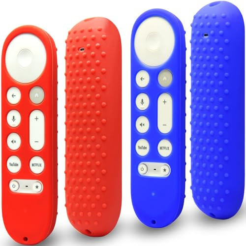 Pinowu Funda de Silicona (2 Piezas) Compatible con Control Remoto de Voz Google TV Streamer 4K 2024, Funda Protectora Antideslizante a Prueba de Golpes con cordón (Rojo y Azul, Ambos no Brillan)