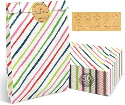 50 Stück Geschenktüten Kindergeburtstag Bunte Kraftpapier mit Aufkleber | Butterbrottüten, Papiertüten Klein Mitgebsel Tüten, Geburtstagstüten Kinder für Hochzeit, Party und Festival, 17,1x12,9x3cm