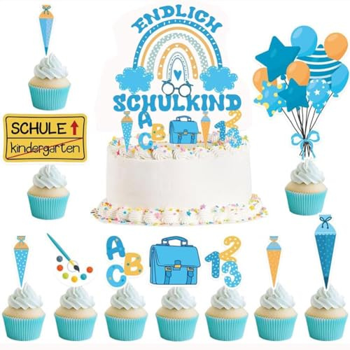 20 Stück Tortendeko Einschulung Junge und Mädchen, Schulanfang Kuchendeko für Schulkind Cake Topper Einschulung Party Torte Dekoration (Blau)