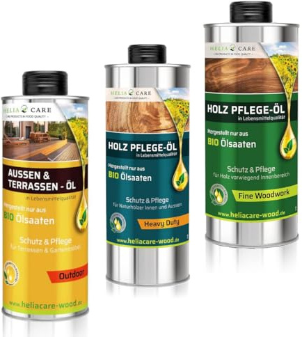 HeliaCARE BIO Holzöl Set - Fine Woodwork, Heavy Duty & Outdoor Öl je 500ml - Premium Holzpflege für Innen & Außen - Hochwertiges Holz Öl - 100% Biologisch abbaubar & Farblos