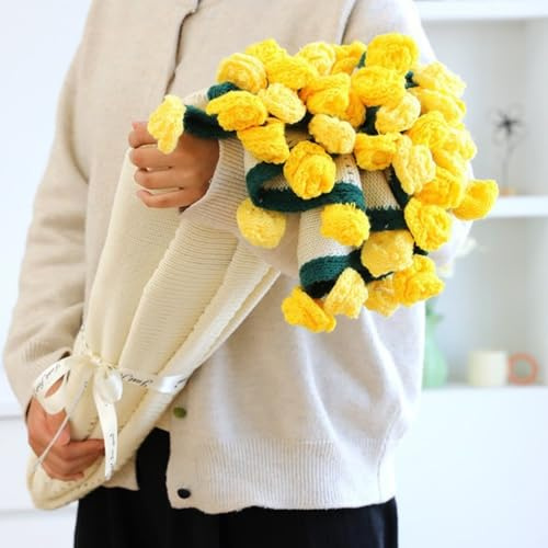 ENEN Manta de Ramo de Ganchillo, Hecha a Mano Crochet Flowers Rose Bouquet Floral Blanket, Romántica con Ramo de Rosas,Regalo para El Día de La Madre (Rosas Amarillas,80cm)