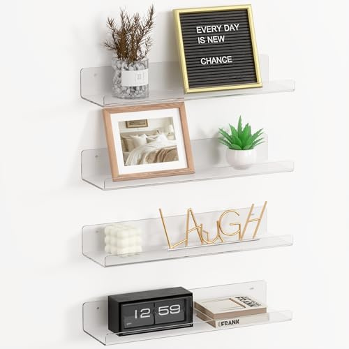 RICHER HOUSE Set med 4 vägghyllor Transparent, 38 cm Akryl Flytande hylla utan borrning Vägg, Dubbel Fästning (Lim eller Skruvar) för Sovrum, Badrum, Kök, Vardagsrum Organisation