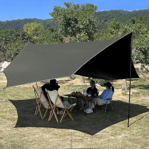 5x5 M Large Camping Tarp with Poles Waterproof Hammock Rain Fly Tarp Camping Awning Sun Shelter (Green)