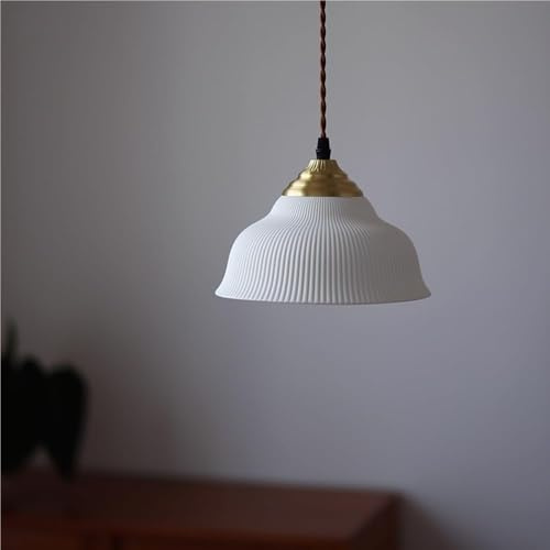 SKYGOO Japanese Large Ribbed Milk Glass Hanging Lamp, Adjustable Dome Pendant Light Vintage White Modern Farmhouse Chandelier For Kitchen Island Dining Room Bedroom Bedside Entrance Corridor