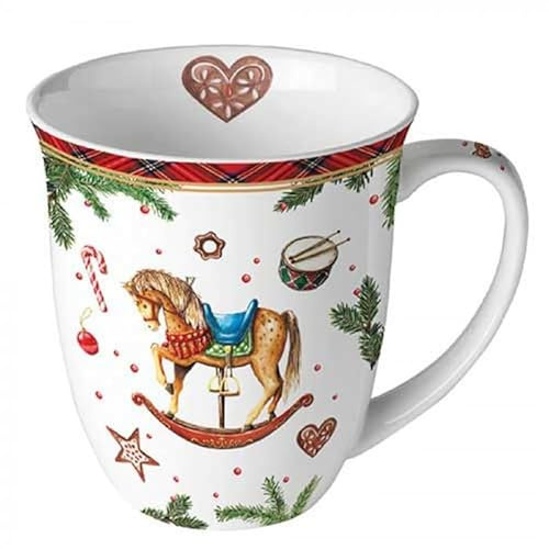Tasse Kaffeetasse Teetasse Becher Mug 0,4 l Fine Bone China Porzellantasse Weihnachten Advent (Schaukelpferd 2)