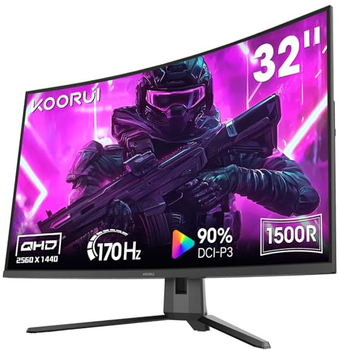 KOORUI 32 Inch Curved Gaming Monitor, QHD 1440P, 170Hz, VA 1500R | Ultrawide Screen with Ultra-Thin, HDMI/DP, VESA Compatible, Tilt Adjustable, Eye Care G3221SC