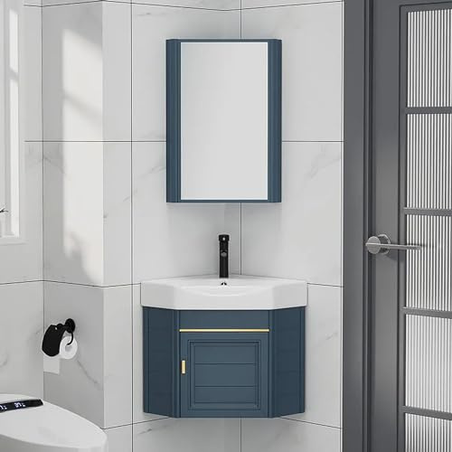 Tocador de baño de Esquina con Lavabo y Mueble con Espejo, Moderno Conjunto de Lavabo de Pared con Grifo y desagüe, para cocinas pequeñas.