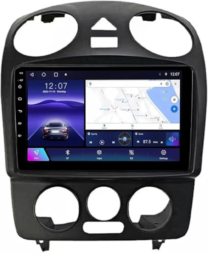 9 tum dubbel DIN-bilradio för VW Beetle (2000–2012), CarPlay och Android 14, pekskärm, Bluetooth, AHD backkamera, GPS-navigering och rattkontroller.