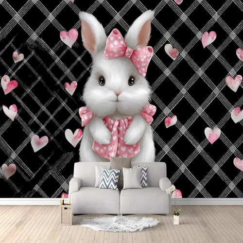 Carta da Parati Fotografica Decorazione Artistica - Acquerello Farfalla Animali Conigli Fotomurale per Soggiorno Camera da Letto, Nero Rosa Poster con Carta da Parati di Grande Formato, 150 x 105 cm